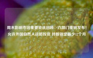 周末影响市场重要资讯回顾：六部门重磅发布！允许外国自然人战略投资 持股锁定最少12个月